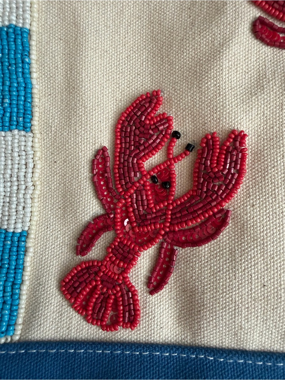 NWT Hand Beaded Lobster Canvas Tote Bag Coastal Beach Bag - Picture 2 of 8